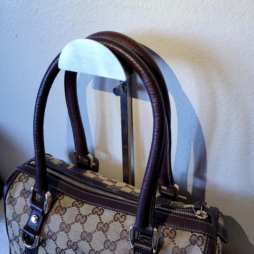 Gucci Beige Logo Canvas and Brown Leather Satchel - Picture 5 of 14